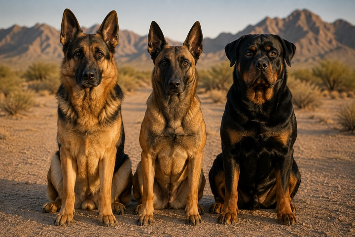 Illustration comparing a German Shepherd, Belgian Malinois, and Rottweiler