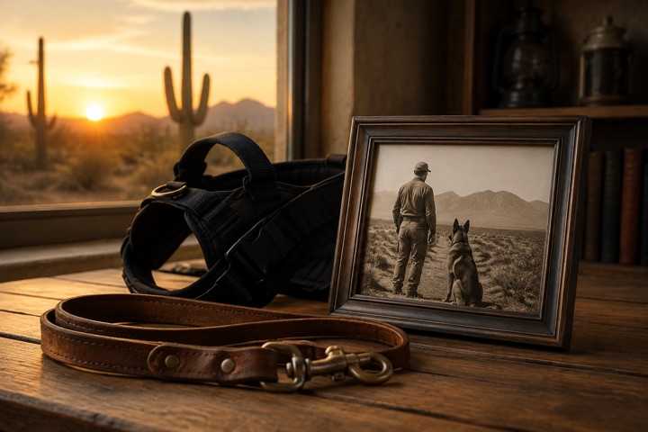 Symbolic illustration of working-dog history with a leash, harness, and framed picture