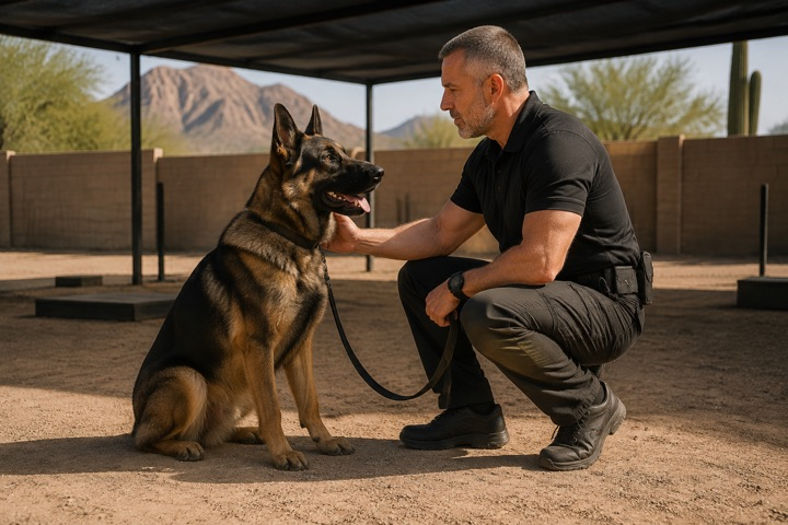 Illustration of a working dog meeting a caring evaluator