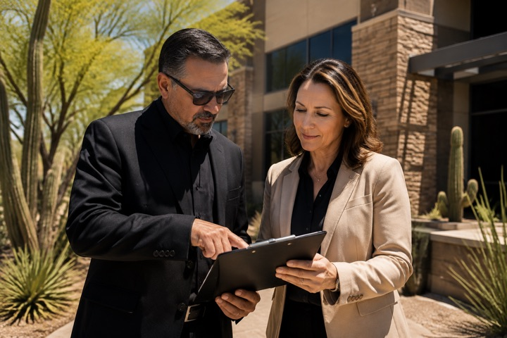 Illustration of a security consultant reviewing a quote with a property manager