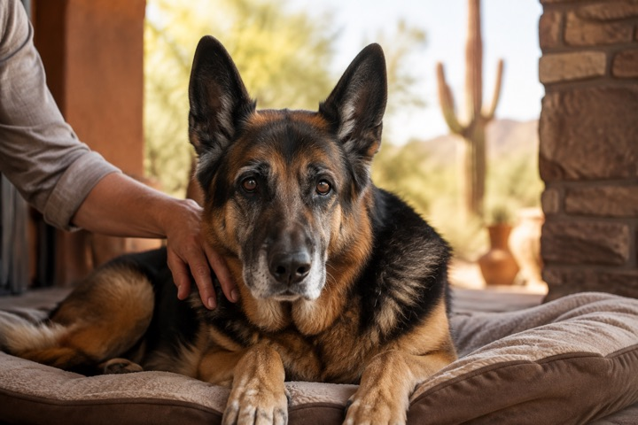 Illustration of a senior German Shepherd resting with a caregiver