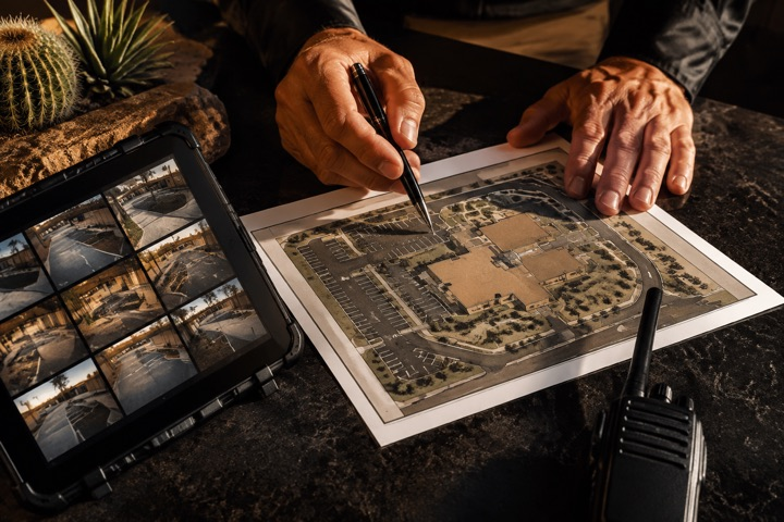 Illustration of site security planning with a map and camera monitor