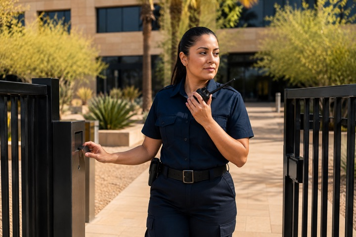 Illustration of a private security officer checking a commercial access gate
