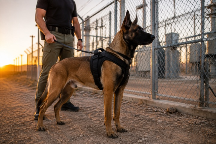 Illustration of a Belgian Malinois and handler protecting an equipment yard