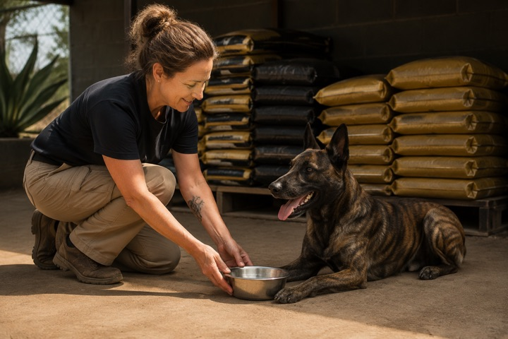 Illustration of a volunteer providing water and supplies for a working dog