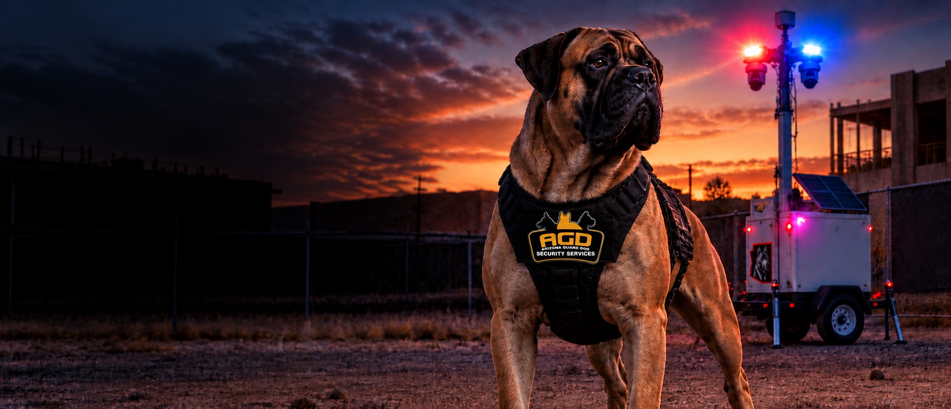 Mastiff wearing the original Arizona Guard Dog logo beside a mobile surveillance trailer with red and blue security lights